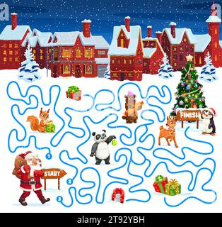 Labirinto di labirinto natalizio con personaggi natalizi. Foglio di lavoro del gioco da tavolo vettoriale per bambini con Babbo Natale, scoiattolo, panda, orso e cervo o pinguino con regali vicino al pino. Gioco da tavolo con percorso aggrovigliato Illustrazione Vettoriale