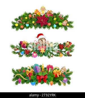 Rami di abete natalizio, aghi di pino verde vettoriale isolati disposti in pile decorati con baule di Natale, giocattoli, nastri, fiori di poinsettia e scatole regalo. Rami decorativi festosi con ghirlande Illustrazione Vettoriale