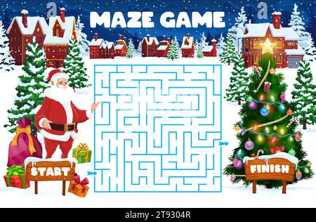 Labirinto di labirinto natalizio, foglio di lavoro per bambini con giochi da tavolo vettoriali per aiutare Babbo Natale a regalare regali al pino natalizio. Gioco da tavolo con percorso aggrovigliato, inizio e fine, cartoni animati educativi bambini enigma, test Illustrazione Vettoriale