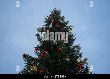 Immergetevi nell'incanto di un maestoso albero di Natale, alto e risplendente con luci splendenti, ornamenti rossi, dorati e argentati Foto Stock