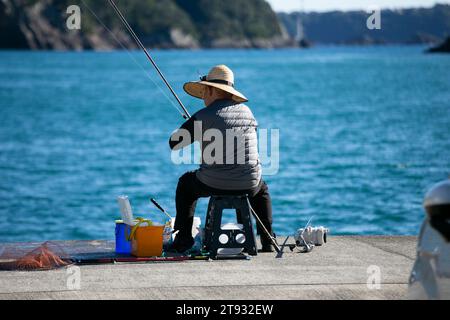 Nachikatsuura, Giappone; 1 ottobre 2023: La gente del posto pesca al porto di Nachikatsuura durante una giornata di sole. Foto Stock