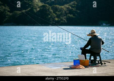 Nachikatsuura, Giappone; 1 ottobre 2023: La gente del posto pesca al porto di Nachikatsuura durante una giornata di sole. Foto Stock