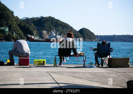 Nachikatsuura, Giappone; 1 ottobre 2023: La gente del posto pesca al porto di Nachikatsuura durante una giornata di sole. Foto Stock