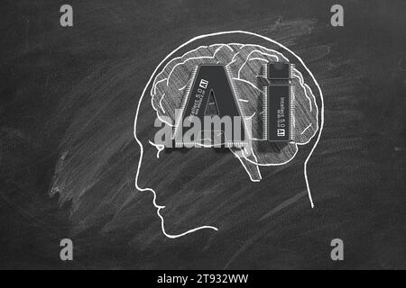 Due microchip sotto forma di lettere ai integrate con il cervello umano rappresentano la fusione all'avanguardia di tecnologia e cognizione. Artificiale Foto Stock