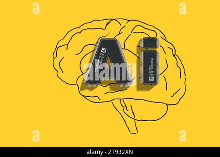 Due microchip sotto forma di lettere ai integrate con il cervello umano rappresentano la fusione all'avanguardia di tecnologia e cognizione. Artificiale Foto Stock