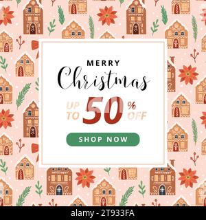 Striscione natalizio con graziose case di pan di zenzero. Design invernale stagionale. Simpatica illustrazione vettoriale in stile cartone animato piatto Illustrazione Vettoriale