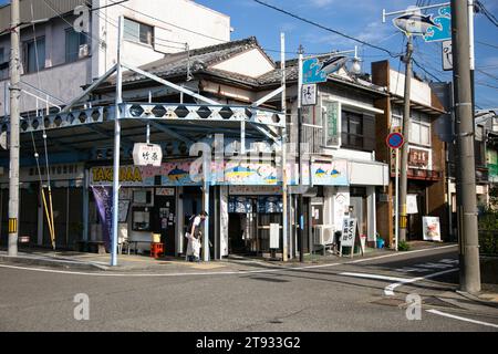 Nachikatsuura, Giappone; 1 ottobre 2023: Strade decorate con disegni di tonno nel villaggio di Katsuura a Wakayama. Foto Stock