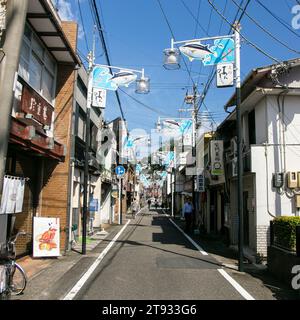 Nachikatsuura, Giappone; 1 ottobre 2023: Strade decorate con disegni di tonno nel villaggio di Katsuura a Wakayama. Foto Stock