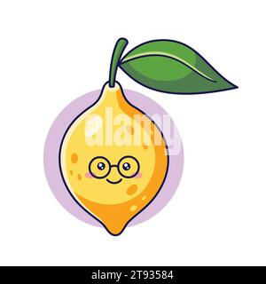 Simpatico Kawaii Lemon con gli occhiali. Illustrazione dell'icona di un cartone animato vettoriale disegnato a mano. Personaggio al limone in stile doodle. Isolato su sfondo bianco. Illustrazione Vettoriale