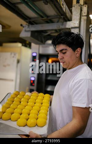 Ritratto di un giovane panettiere latino in una t-shirt bianca che tiene un vassoio con una moltitudine di piccole palle di pasta gialla in un panificio con il forno in spalla Foto Stock