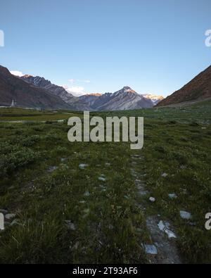 Gli aspri terreni del Ladakh, le cime baciate dalla neve e le valli vibranti intrecciano un incantevole arazzo himalano Foto Stock