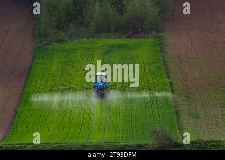 Vista aerea del trattore che spruzza il prodotto in campi verdi con pesticidi. Foto Stock