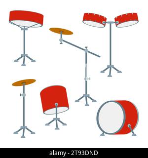Set di tamburi. Strumenti a percussione vettoriale in stile piatto. Varie attrezzature per ritmi orchestrali classici per concerti. Elemento di progettazione grafica cartoon, Illustrazione Vettoriale