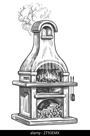 Piano cottura con grill e caminetto. Cucina estiva all'aperto con barbecue e legna da ardere. Illustrazione dello schizzo vettoriale Illustrazione Vettoriale