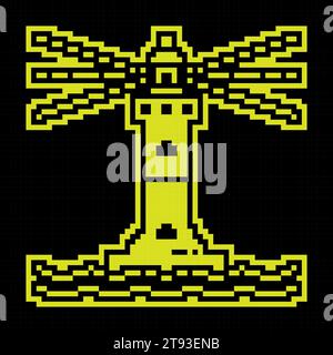 Icona silhouette pixel. Faro marino costiero. Percorso sicuro nell'area di spedizione. Vettore semplice nero e giallo Illustrazione Vettoriale
