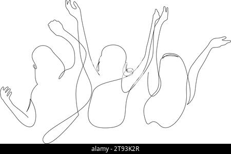 Allegro gruppo di tre donne che incoraggiano l'illustrazione. Alza le mani applausi la gente continua a disegnare una linea. La folla di ragazze in piedi a un concerto, a una riunione. V Illustrazione Vettoriale