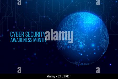 National Cyber Security Awareness Month. Sicurezza informatica, concetto di protezione mondiale con mappa del globo. Illustrazione vettoriale astratta futuristica. Illustrazione Vettoriale