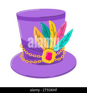 Cappello con piume e fibbia decorativa. Un simbolo del Mardi Gras. Un copricapo per un vestito elegante, costume di Masquerade. Un elemento di design luminoso. Vect piatto Illustrazione Vettoriale