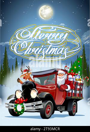 Biglietto vettoriale di Natale con cartoon retrò camion di consegna di Natale, Santa, renne e scritta di natale. Illustrazione Vettoriale