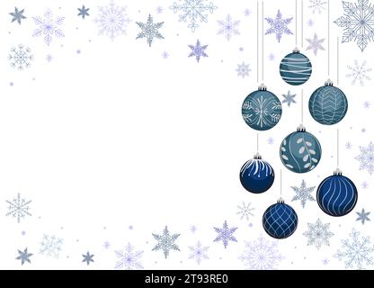 Cornice natalizia con fiocchi di neve blu e baubles. Illustrazione Vettoriale