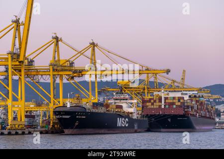 Trieste, Italia – 2023, 19 novembre: Nave cargo container industriale con ponte gru funzionante nel cantiere di Trieste Foto Stock