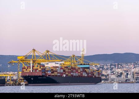 Trieste, Italia – 2023, 19 novembre: Nave cargo container industriale con ponte gru funzionante nel cantiere di Trieste Foto Stock