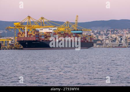 Trieste, Italia – 2023, 19 novembre: Nave cargo container industriale con ponte gru funzionante nel cantiere di Trieste Foto Stock