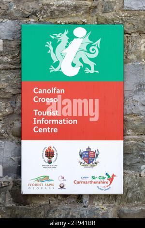 Cartello del centro informazioni turistiche, Llandovery, Carmarthenshire, Galles Foto Stock