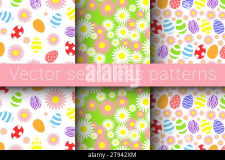 Illustrazione vettoriale. Collezione di motivi vettoriali senza cuciture per un felice giorno di pasqua. Uova di Pasqua e motivi floreali. Illustrazione Vettoriale