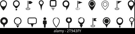 Icone del puntatore della mappa impostate. Set di icone pin di posizione. Illustrazione Vettoriale