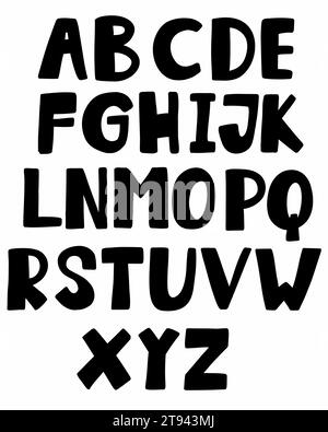 Caratteri alfabetici alfabetici latini inglesi maiuscoli e neri raccolta Dalla A alla Z. Illustrazione vettoriale in stile doodle scritto a mano isolato su sfondo bianco. Per Illustrazione Vettoriale