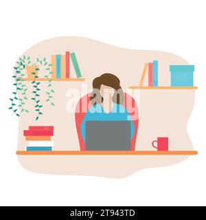 Illustrazione vettoriale. Una ragazza con un computer. Formazione online. Illustrazione Vettoriale
