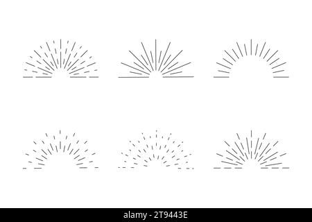 Icona Sunburst. Logo retro semicircle con raggi radiali. Esplosione di stelle con alba. Illustrazione Vettoriale