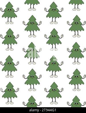 Motivo vettoriale senza cuciture dell'albero di Natale dei cartoni animati in stile retrò isolato su sfondo bianco Illustrazione Vettoriale
