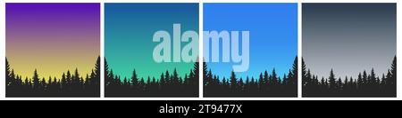 Foresta senza giunture con l'aurora boreale in montagna. Sfondo gradiente banner con orizzonte all'aperto pino e abete rosso. Illustrazione Vettoriale