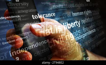 Libertà di parola libertà diritti umani tolleranza indipendenza. Titoli di notizie internazionali media astratti Concept illustrazione 3D. Foto Stock
