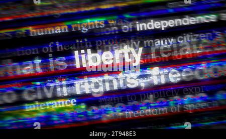 Libertà di parola libertà diritti umani tolleranza indipendenza. Titoli di notizie internazionali media astratti Concept illustrazione 3D. Foto Stock