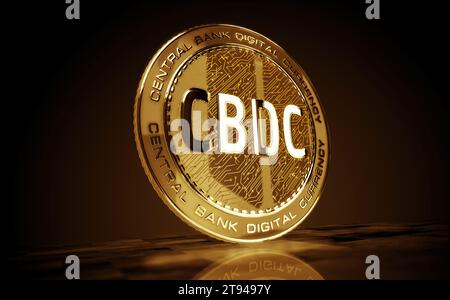 Moneta d'oro CBDC Digital Currency cryptocurrency su sfondo verde. Illustrazione 3d del concetto astratto. Foto Stock