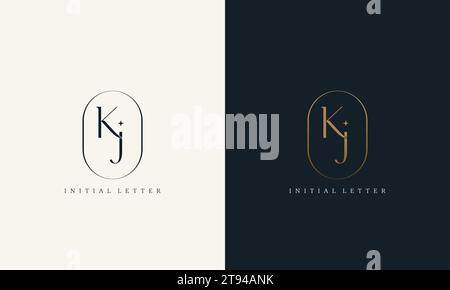 Monogramma Premium con logo KJ e montatura circolare dorata. design con iniziali di lusso, carattere moderno e minimale. Illustrazione Vettoriale