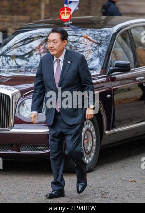 Londra, Regno Unito. 22 novembre 2023. Il presidente della Corea del Sud, Yoon Suk Yeol, visita Downing Street per un incontro con il primo ministro britannico, Rishi Sunak. Credito: Karl Black/Alamy Live News Foto Stock