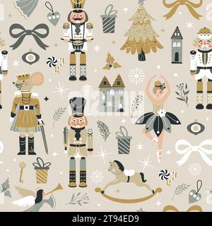 Motivo natalizio senza cuciture con ballerina di noci cracker in Vector su beige. Illustrazione del nuovo anno. Illustrazione Vettoriale