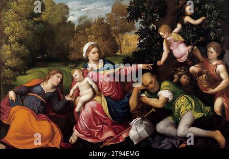 Riposati durante la fuga in Egitto con Santa Caterina e Angeli 1527-30 di Paris Bordone Foto Stock