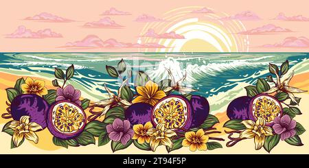 Fondo tropicale con mare al tramonto e frutto della passione con fiori e vaniglia con baccelli e fiori, confezione, tessuto, lanterna, pa Illustrazione Vettoriale