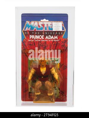 1984 Mattel Masters of the Universe serie 3 Prince Adam Carded Toy Action Figure AFA 70-Y Foto Stock