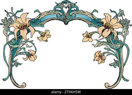 Arco di fiori verde e marrone chiaro, elemento di design in stile art nouveau, fiori abbronzati con arco barocco verde o arco di stle art nouveau, fiori Illustrazione Vettoriale