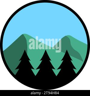 Design circolare all'aperto con pini e montagne - illustrazione vettoriale Illustrazione Vettoriale