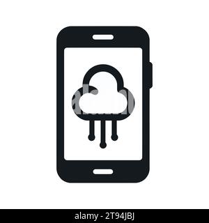 Icona vettoriale monocromatica raffigurante un telefono cellulare con una nuvola e pioggia, che rappresenta la tecnologia delle previsioni meteo. Illustrazione vettoriale Illustrazione Vettoriale