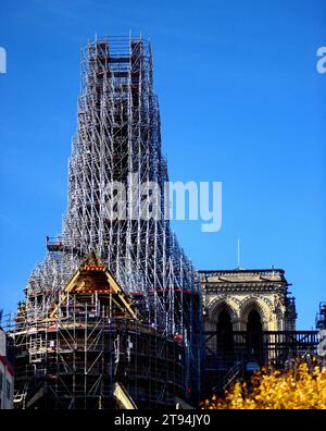 Lavori alla Cattedrale di Notre-Dame de Paris per il restauro della guglia, a Parigi, in Francia, il 22 novembre 2023. I falegnami rimangono sul posto per continuare a costruire la struttura della guglia nel cuore di Notre-Dame. La struttura in legno di quercia dura quasi 70 metri di altezza e la guglia culminerà a 96 metri sopra l'attraversamento del transetto. Questa guglia è in fase di ricostruzione per essere identica a quella originale, poiché dopo l'incendio del 15 aprile 2019, Notre-Dame sarà riaperta alla fine del 2024. Foto di Karim Ait Adjedjou/ABACAPRESS.COM Foto Stock