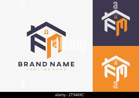 Logo Hexagon FM House monogramma per l'identità immobiliare, immobiliare, edilizia. iniziale a forma di casella con icone fav. grafico vettoriale Illustrazione Vettoriale
