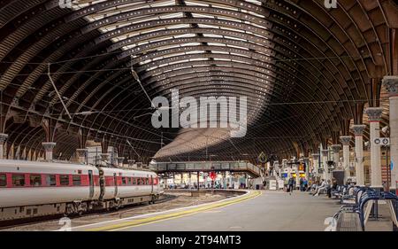 L'atrio della stazione ferroviaria di York. La tettoia di ferro del XIX secolo curva intorno alla stazione e un treno attende ad un binario. Una passerella attraversa la Foto Stock